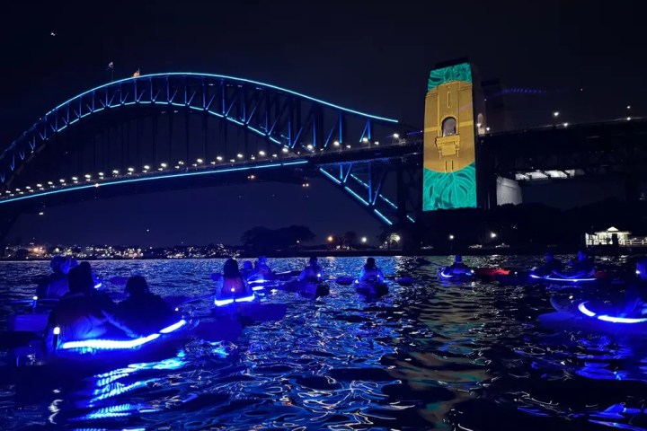 Illuminated kayakers on water with a lit-up bridge in the background at night.