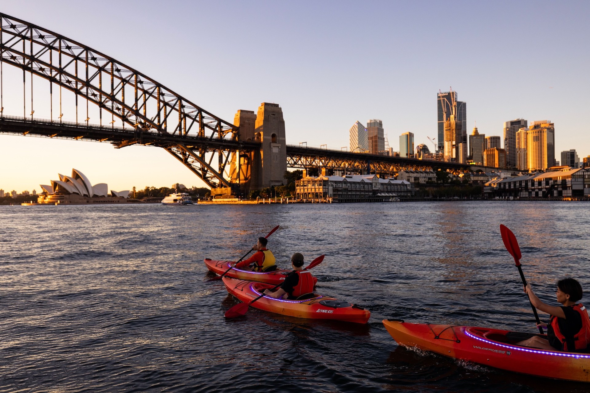 Kayakers on Sydney Harbour with Opera House and bridge at sunset.