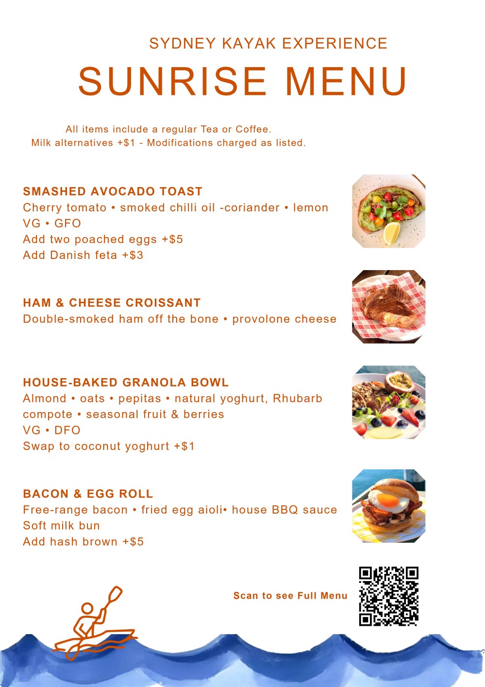 Menu titled 'Sunrise Menu' with breakfast items like avocado toast and eggs.